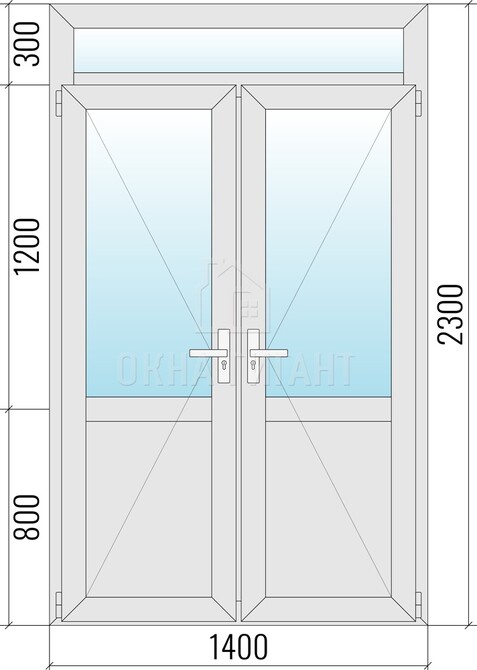 Межкомнатная  двустворчатая алюминиевая дверь 1400x2300 с фрамугой и стеклом