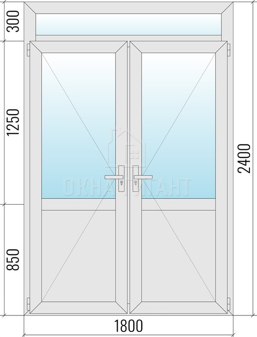 Межкомнатная  двустворчатая алюминиевая дверь 1800x2400 с фрамугой и стеклом