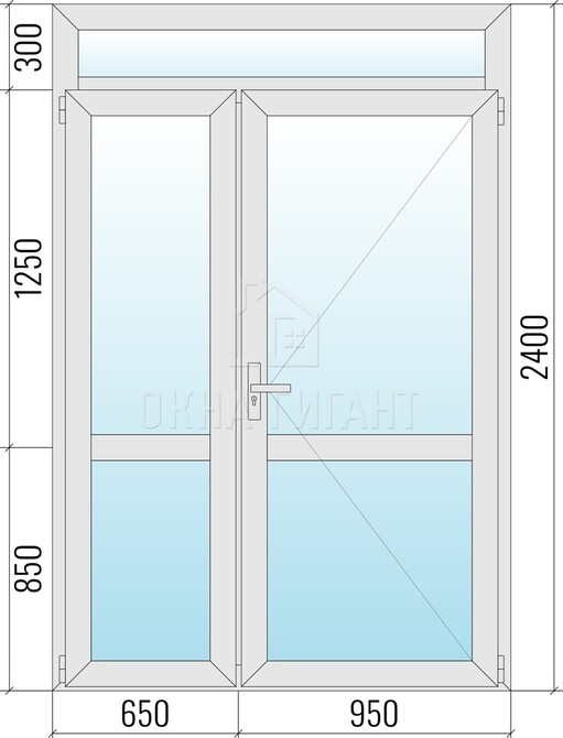 Межкомнатная стеклянная полуторная алюминиевая дверь 1600x2400 с фрамугой с импостом