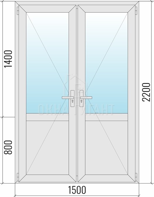 Межкомнатная  двустворчатая алюминиевая дверь 1500x2200 со стеклом с импостом