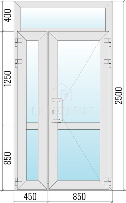 Входная стеклянная полуторная алюминиевая дверь 1300x2500 с фрамугой с импостом