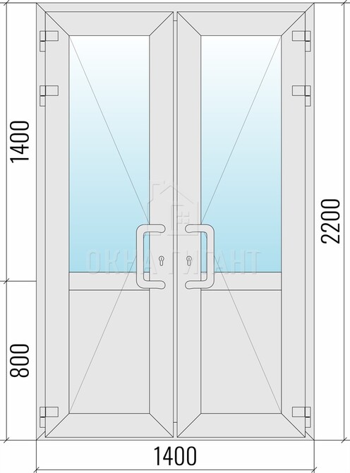 Входная  двустворчатая алюминиевая дверь 1400x2200 со стеклом с импостом