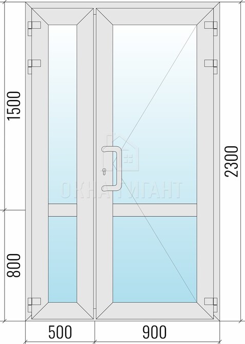 Входная стеклянная полуторная алюминиевая дверь 1400x2300 с импостом