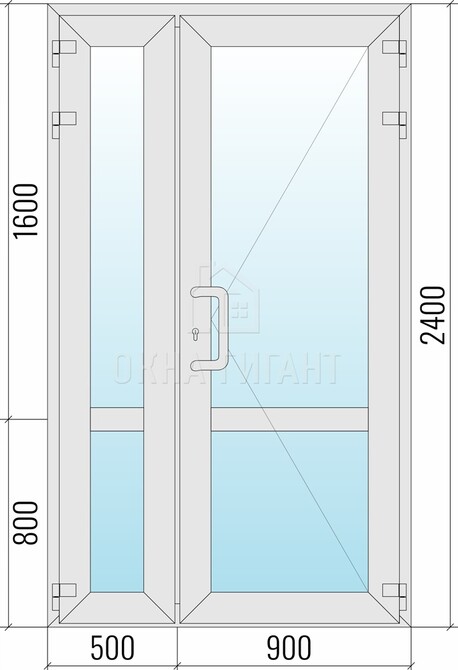Входная стеклянная полуторная алюминиевая дверь 1400x2400 с импостом