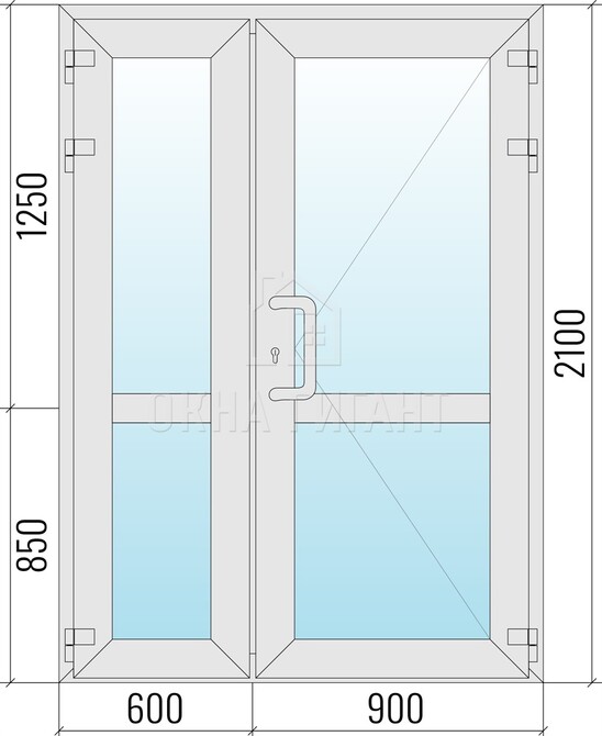 Входная стеклянная полуторная алюминиевая дверь 1500x2100 с импостом