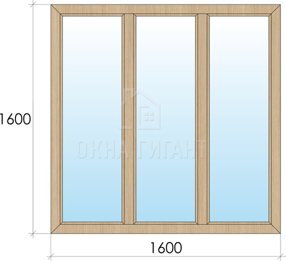 Трехстворчатое глухое деревянное окно из лиственницы Г-Г-Г 1600x1600