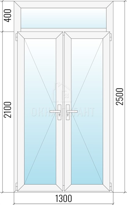 Межкомнатная стеклянная двустворчатая пластиковая дверь 1300x2500 с фрамугой