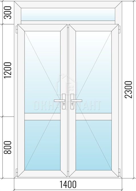 Межкомнатная стеклянная двустворчатая пластиковая дверь 1400x2300 с фрамугой с импостом