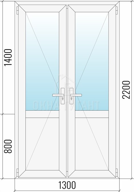 Межкомнатная  двустворчатая пластиковая дверь 1300x2200 со стеклом с импостом