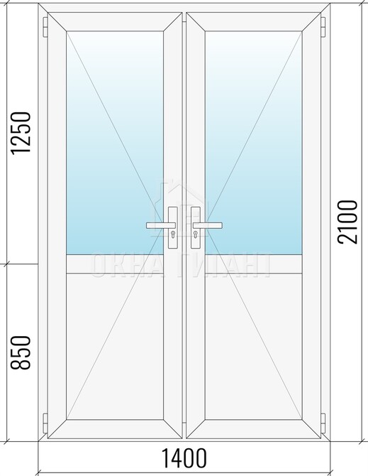Межкомнатная  двустворчатая пластиковая дверь 1400x2100 со стеклом с импостом