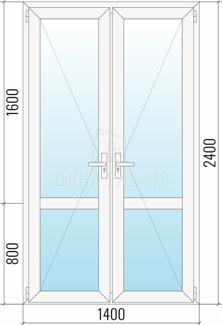 Межкомнатная стеклянная двустворчатая пластиковая дверь 1400x2400 с импостом