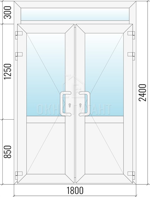 Входная  двустворчатая пластиковая дверь 1800x2400 с фрамугой и стеклом