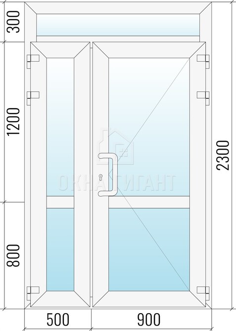 Входная стеклянная полуторная пластиковая дверь 1400x2300 с фрамугой с импостом