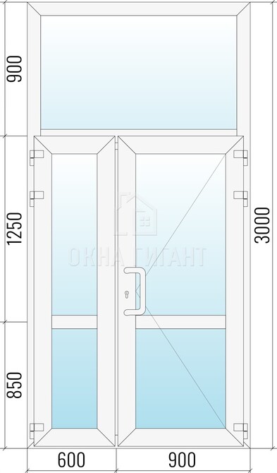 Входная стеклянная полуторная пластиковая дверь 1500x3000 с фрамугой с импостом