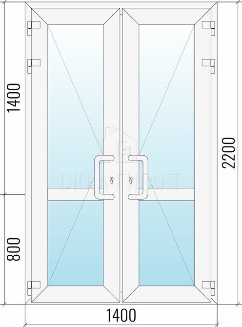 Входная стеклянная двустворчатая пластиковая дверь 1400x2200 с импостом