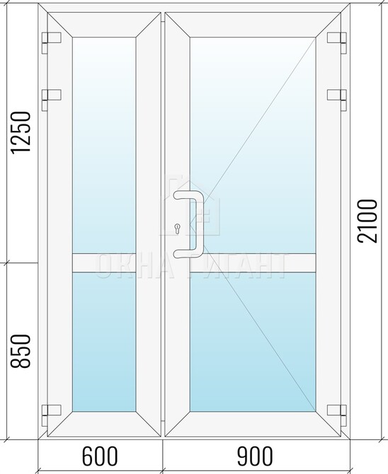 Входная стеклянная полуторная пластиковая дверь 1500x2100 с импостом