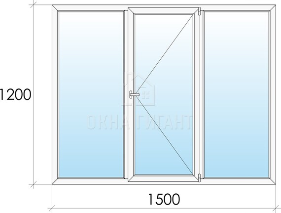 Трехстворчатое поворотное пластиковое окно Г-П-Г 1500x1200