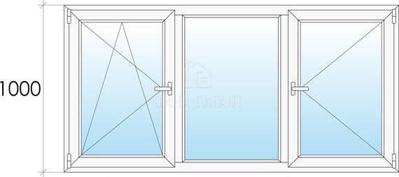 Трехстворчатое поворотно-откидное пластиковое окно ПО-Г-П 2000x1000