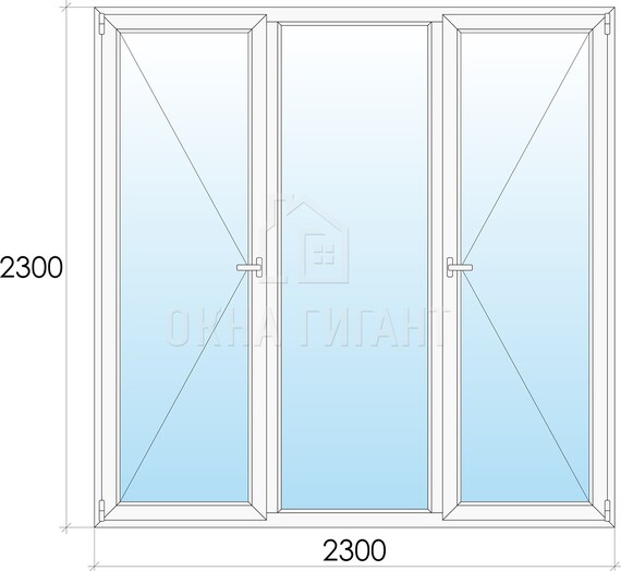 Трехстворчатое поворотное пластиковое окно П-Г-П 2300x2300